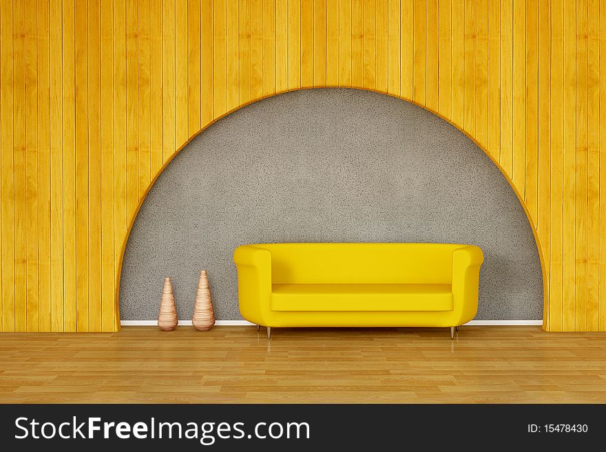 Sofa with vase - stone wall and wooden wall