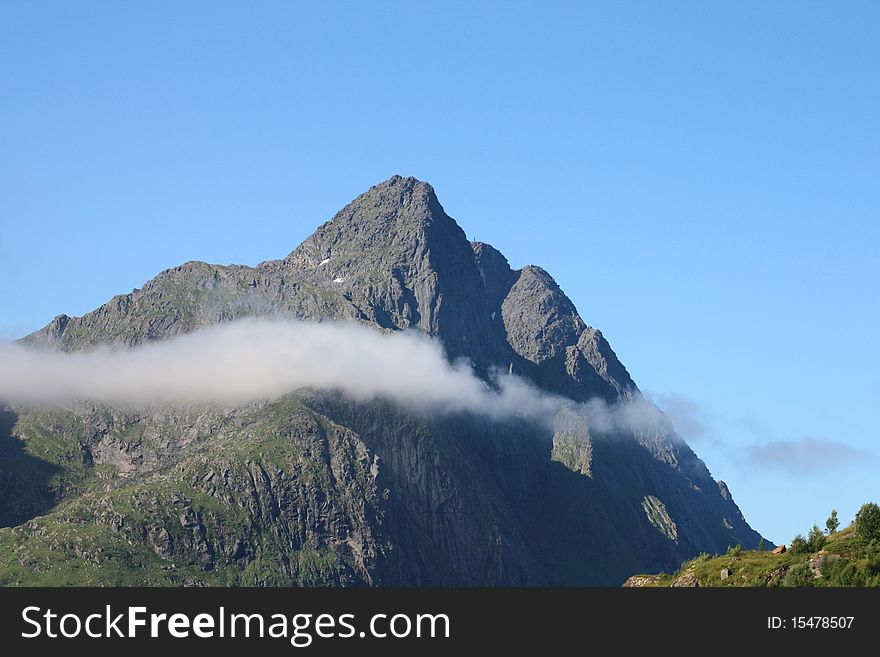 The himmeltinden mountain seen from the fjord of Tangstad in  Lofoten islands,. The himmeltinden mountain seen from the fjord of Tangstad in  Lofoten islands,
