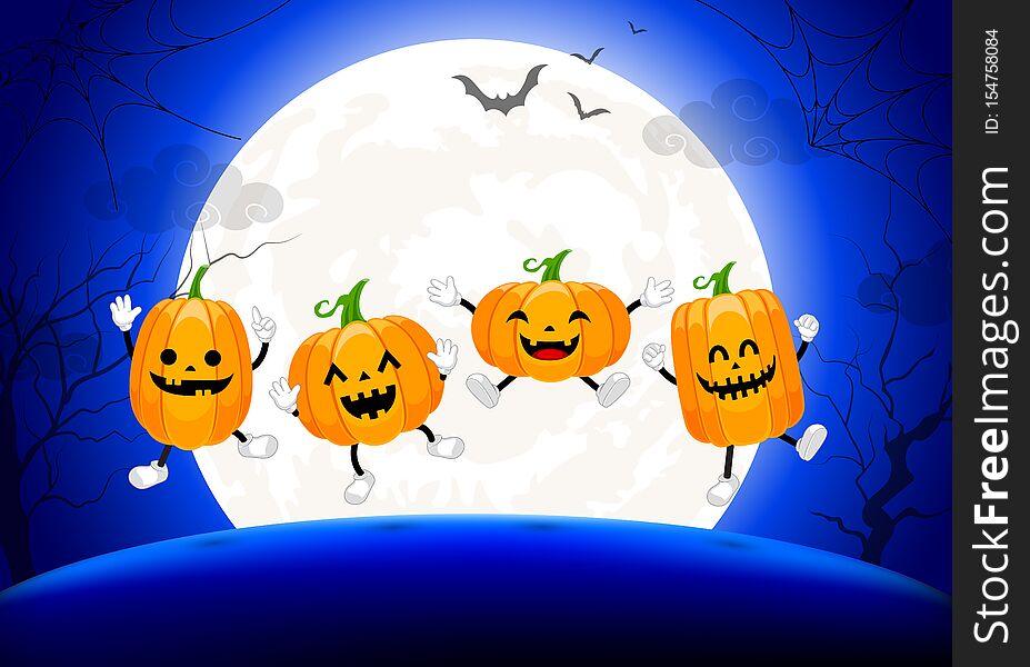 Cute Cartoon Pumpkin Character In Moon Night.