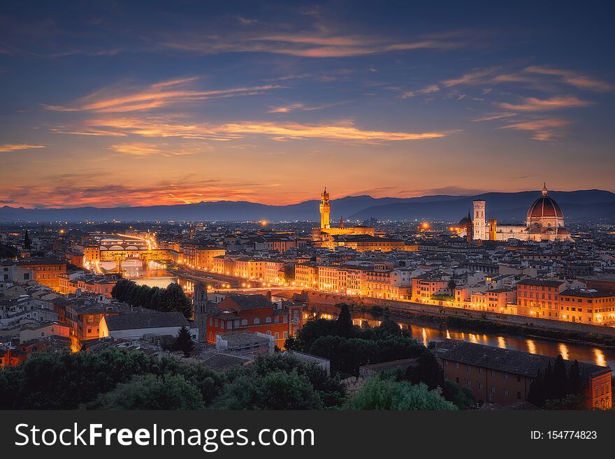 Florence city skyline in the dusk, Italy. Aerial cityscape panoramic view from Piazzale Michelangelo. Florence city skyline in the dusk, Italy. Aerial cityscape panoramic view from Piazzale Michelangelo