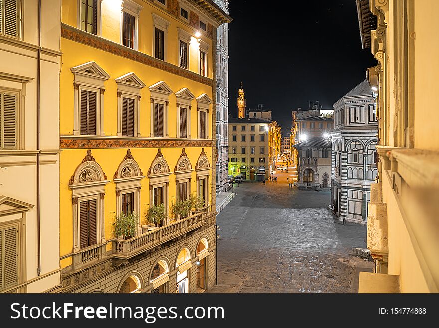 Florence city, Italy. Aerial cityscape view to Santa Maria del Fiore cathedral Basilica of Saint Mary of the Flower at night. Florence city, Italy. Aerial cityscape view to Santa Maria del Fiore cathedral Basilica of Saint Mary of the Flower at night