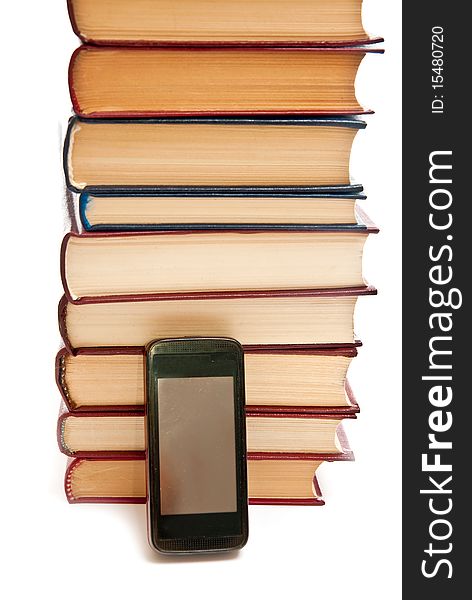 Row of books and mobile phone on white background