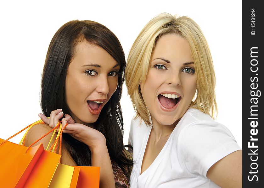 Beautiful blonde and brunette carry their shopping bags together. Beautiful blonde and brunette carry their shopping bags together