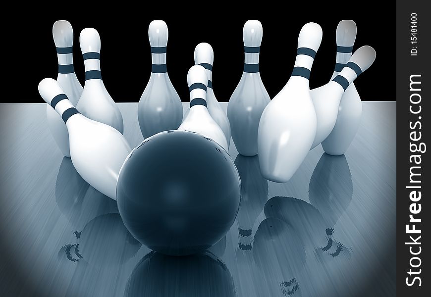 Bowling Pins on wood background. 3d render