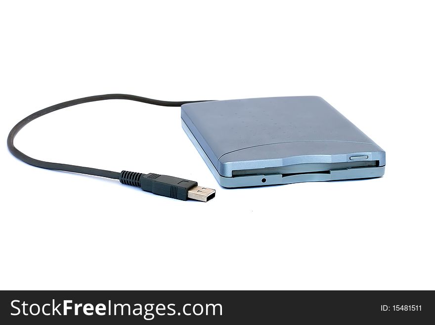 External floppy disk driver with usb cable isolated on white background