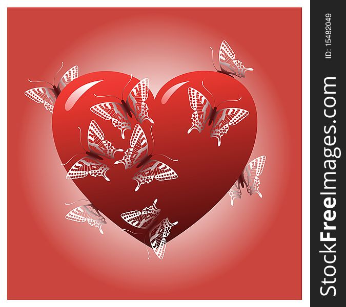 Red heart with butterflies 
. Vector Illustration