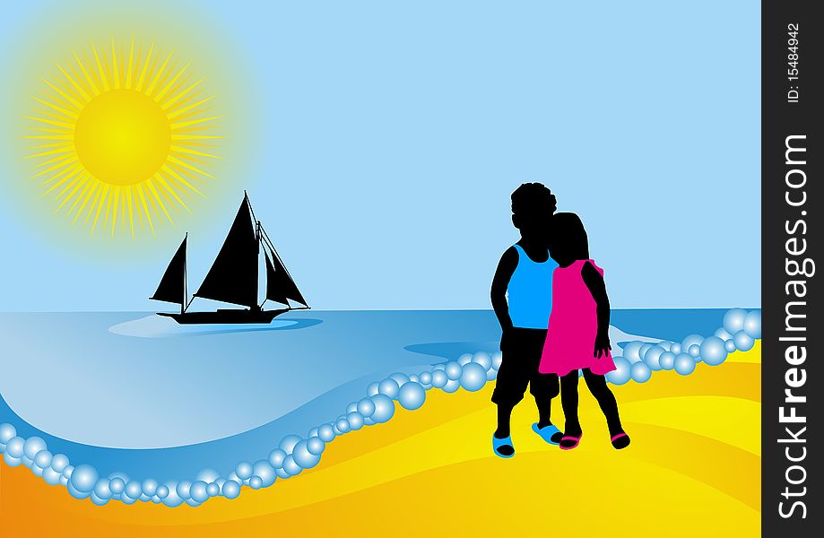 Abstract background with scene seascape. Boy and girl.