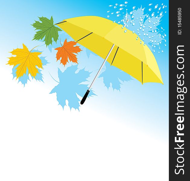 Yellow umbrella and maple leaves. Illustration