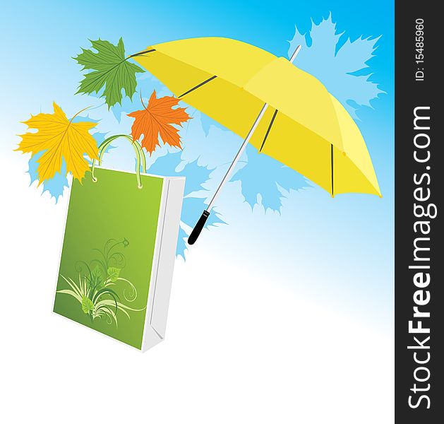 Yellow umbrella with package and maple leaves. Illustration