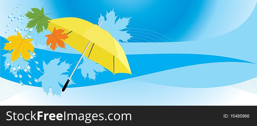 Yellow umbrella and maple leaves. Banner. Illustration