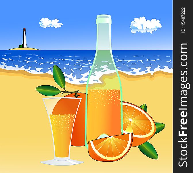 Oranges And A Glass Of Juice On The Beach