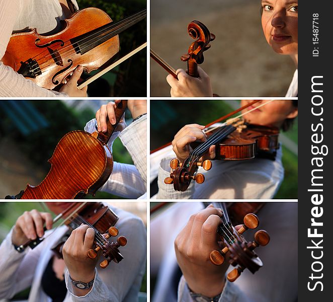 Details of a violinist playing a full-size violin with one-piece back (English/French, 19th century; mock Stradivarius). Details of a violinist playing a full-size violin with one-piece back (English/French, 19th century; mock Stradivarius)