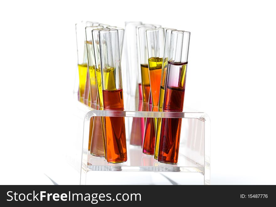 Rack with test tubes of colored liquid