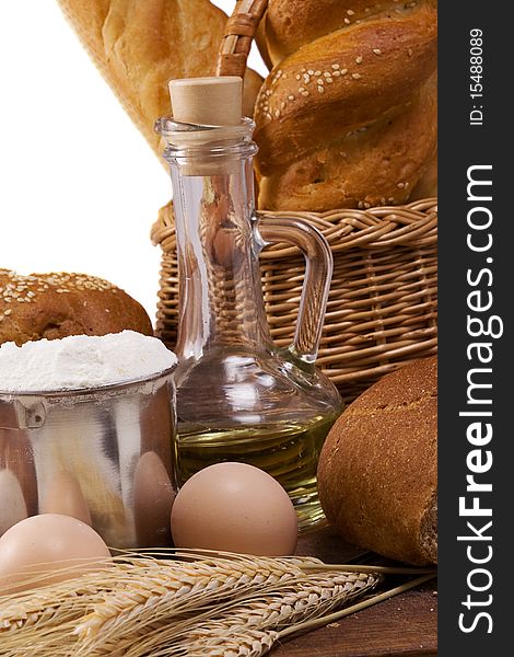 Set of bakery products on wood board