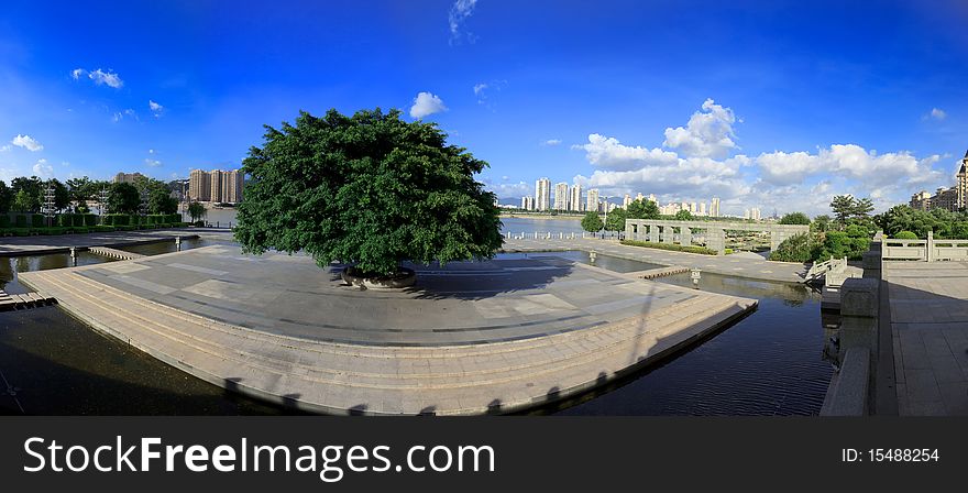River park with big tree in fuzhou,fujian,China. Panoramas by six pictures. River park with big tree in fuzhou,fujian,China. Panoramas by six pictures