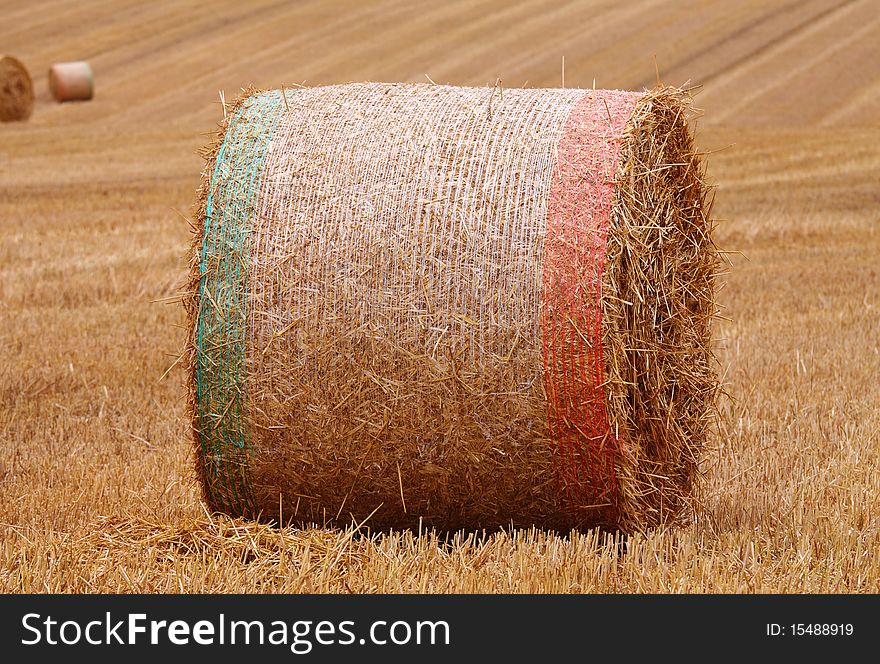 Close up of a Single Circular Bale of Hay wrapped in green and red colored twine. Close up of a Single Circular Bale of Hay wrapped in green and red colored twine