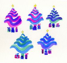 Christmas Trees, Stylized In Bright Colours. Stock Photo