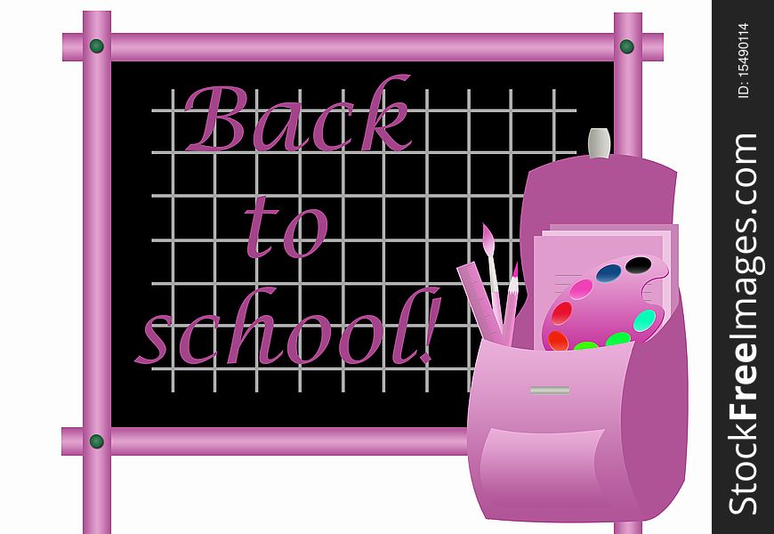 Pink backpack of school and classboard. Pink backpack of school and classboard