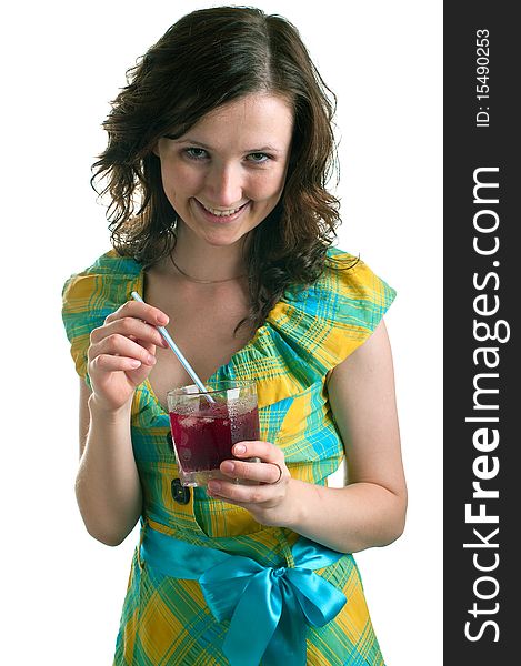 Young girl with a cocktail glass. Isolated on white background