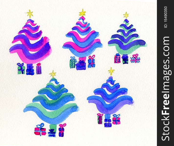 An illustration of five Christmas trees, stylized design in bright colours of pink, purple, green and blue. The trees are different colours and have presents underneath them and a star on top. An illustration of five Christmas trees, stylized design in bright colours of pink, purple, green and blue. The trees are different colours and have presents underneath them and a star on top.
