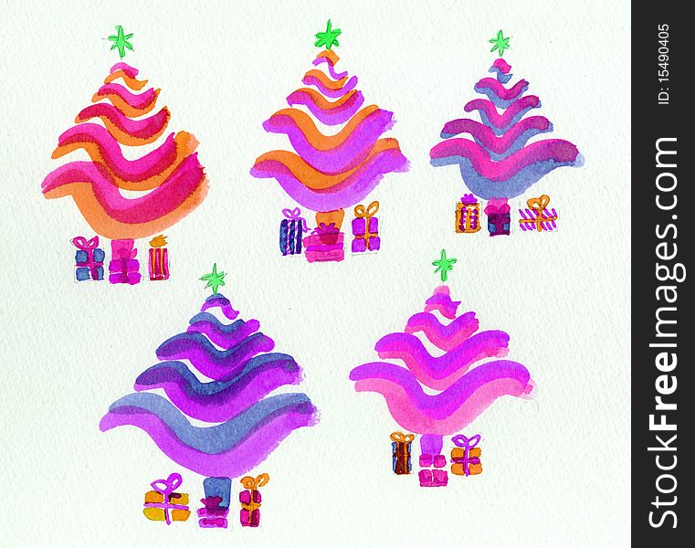 An illustration of five stylized Christmas trees in bright colours of pink. purple, yellow and blue. The trees are different colors and have presents underneath them and stats on top. An illustration of five stylized Christmas trees in bright colours of pink. purple, yellow and blue. The trees are different colors and have presents underneath them and stats on top.