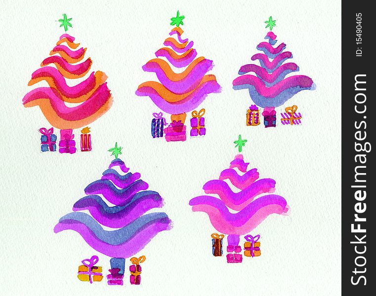 Christmas Trees, Stylized In Bright Colours.