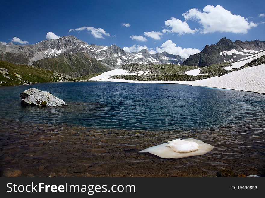 Clear lake with ice in a high mountains. Clear lake with ice in a high mountains