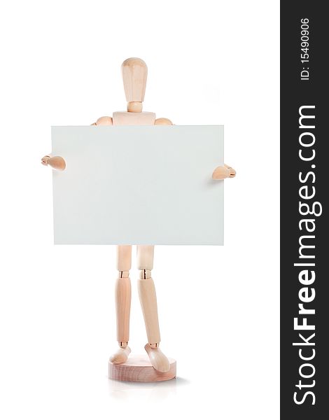 Wooden dummy holding blank card isolated on white