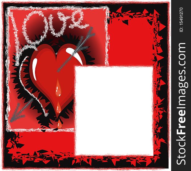 Red background with hearts pierced by an arrow and frame to the image. Red background with hearts pierced by an arrow and frame to the image.