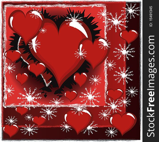 Red background with hearts with snowflakes. Red background with hearts with snowflakes