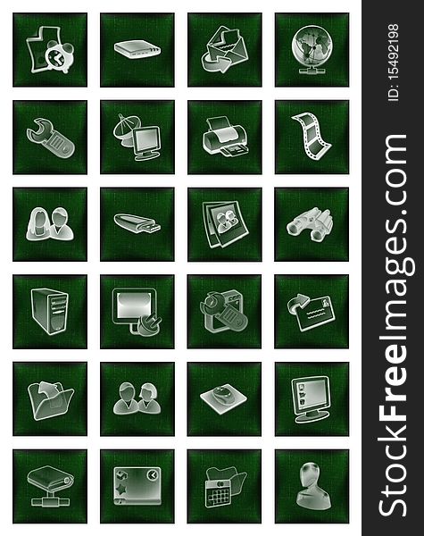 A twenty four icons buttons set in green for web and print usage