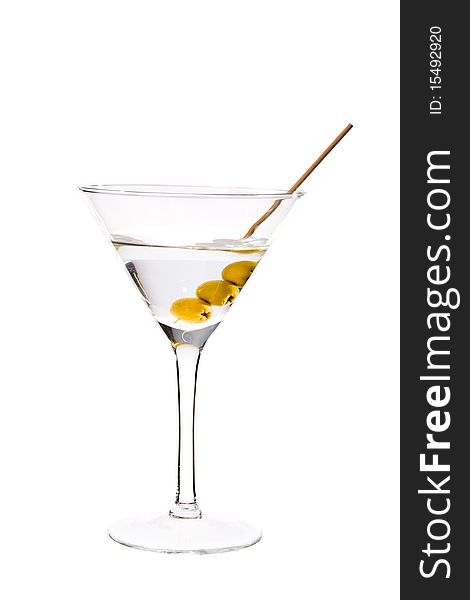 Martini with three olives isolated on white background