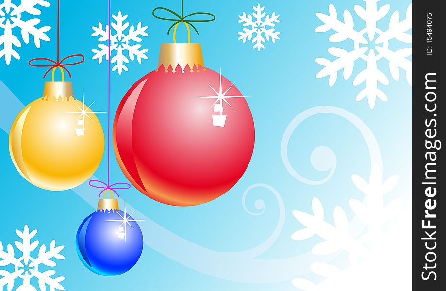 Christmas illustration with balls and snowflake on the blue background, download full scalable  graphic included Eps v8 and hi-res JPG and a smaller JPG. Christmas illustration with balls and snowflake on the blue background, download full scalable  graphic included Eps v8 and hi-res JPG and a smaller JPG.