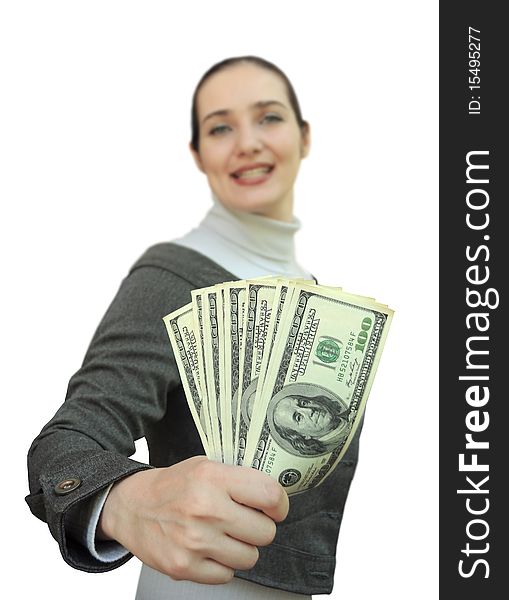 Smiling woman holding money