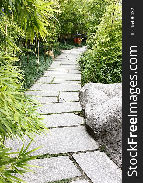 A stone walkway winding its way through a tranquil garden