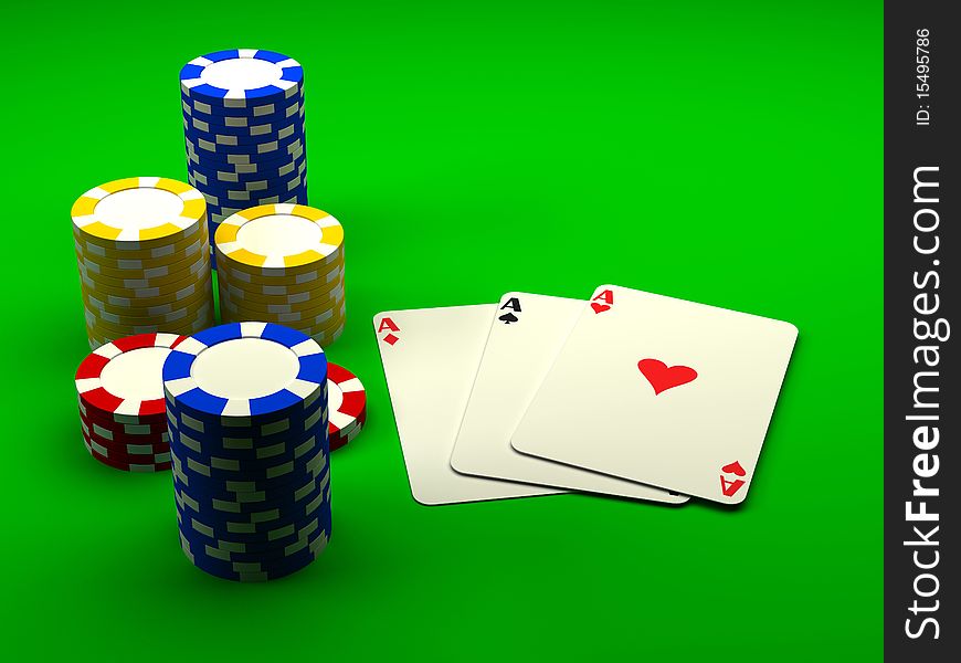 Playing cards with chips. 3d rendered image