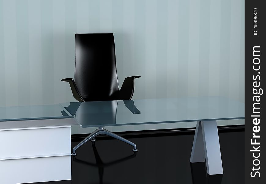 Modern office, black office armchair with glossy table, working place, 3d render/illustration. Modern office, black office armchair with glossy table, working place, 3d render/illustration