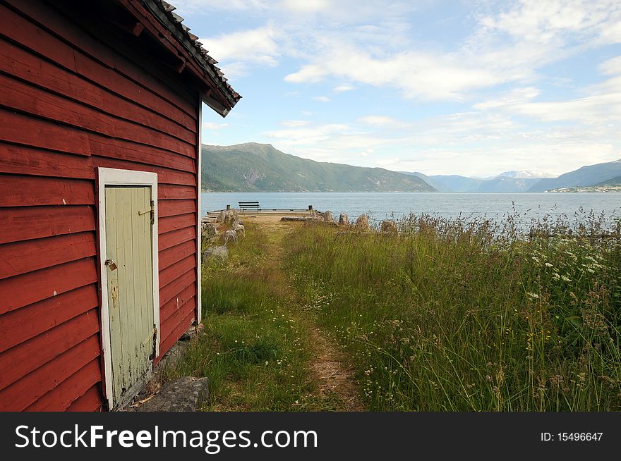 Hut on shore of Sognefjord at Balestrand. Hut on shore of Sognefjord at Balestrand