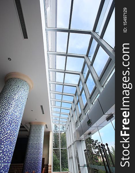 Building lobby, decorative glass doors