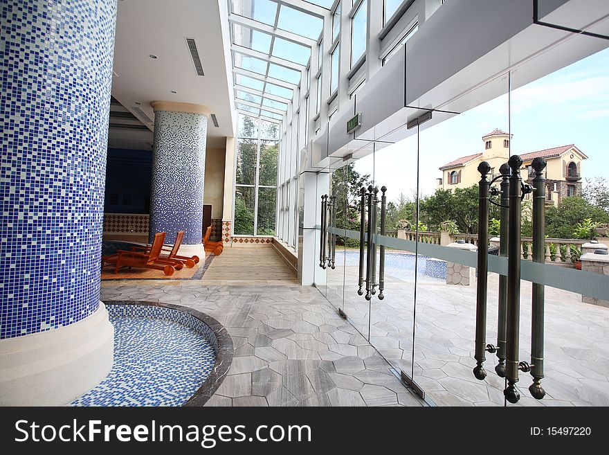 Building lobby, decorative glass doors. Building lobby, decorative glass doors