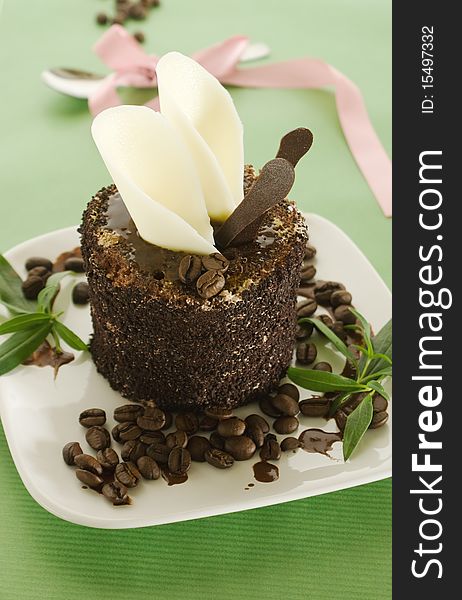 Chocolate cake with coffee bean on plate