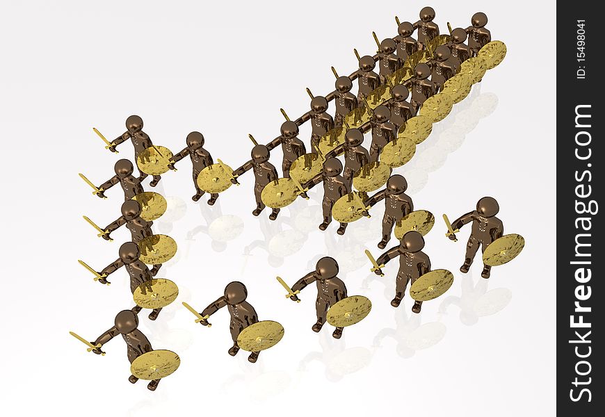 Brown soldiers with gold swords on white reflective background. Brown soldiers with gold swords on white reflective background.