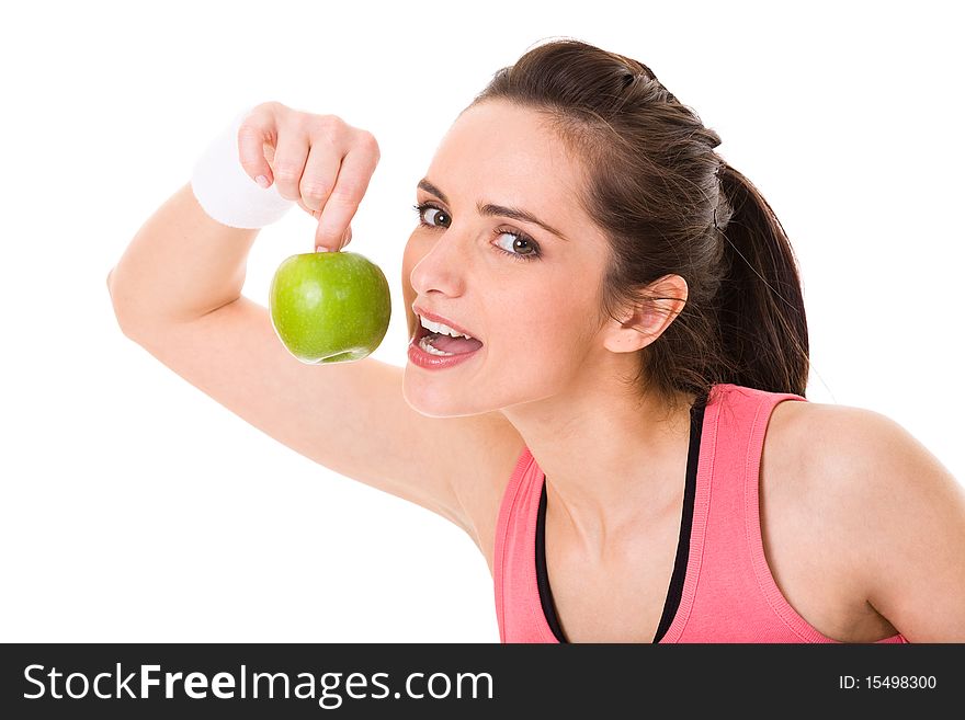 Young attractive female with green apple, isolated