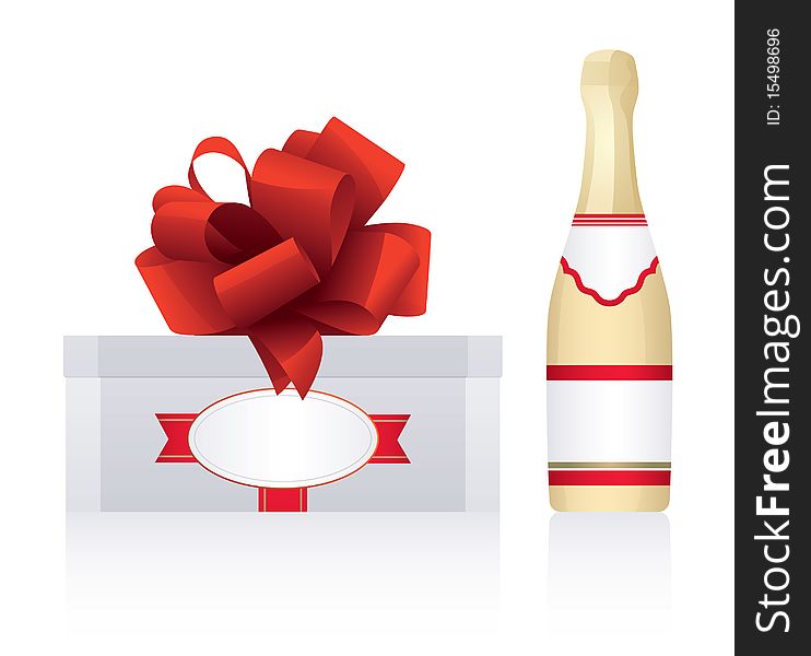 Beautiful present and bottle of champagne on a white background