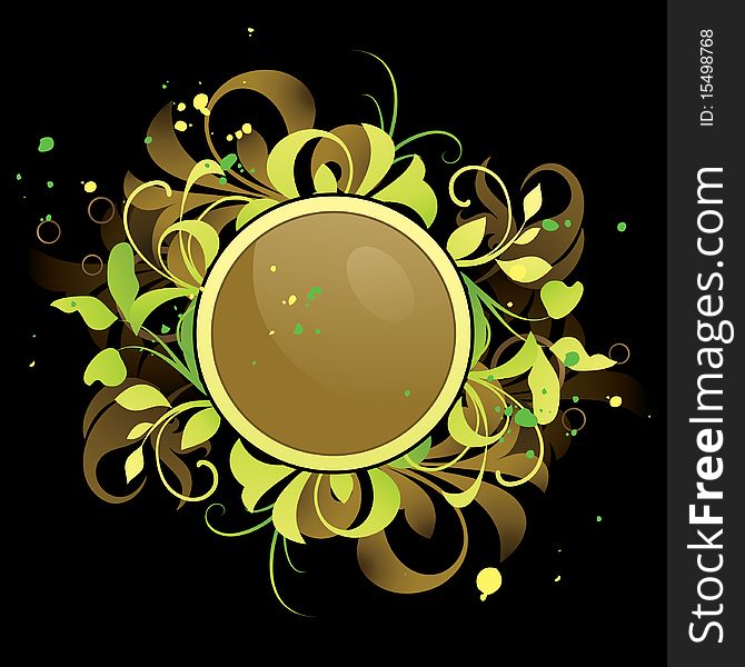Round frame with floral elements on a black background. Round frame with floral elements on a black background