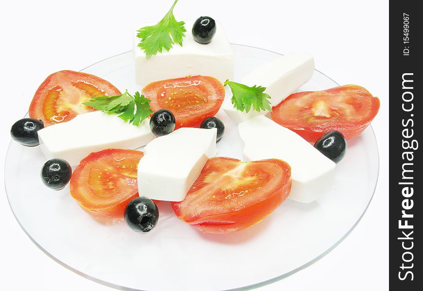 Mediterranean breakfast made of tomato cheese and olive