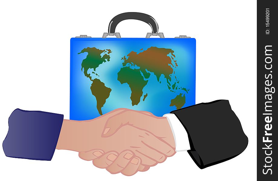 Vector illustration a suitcase with globe and hand shake of the man and the woman a white background