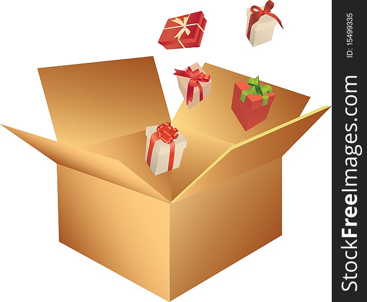 Illustration of small different presents jumping out of box. Illustration of small different presents jumping out of box