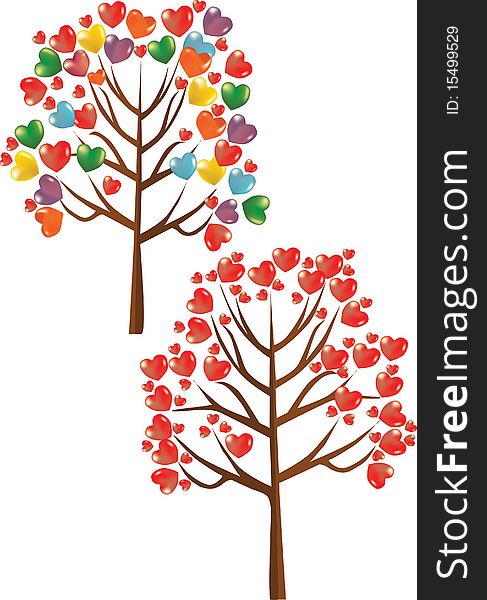 Two love trees with colorful hearts