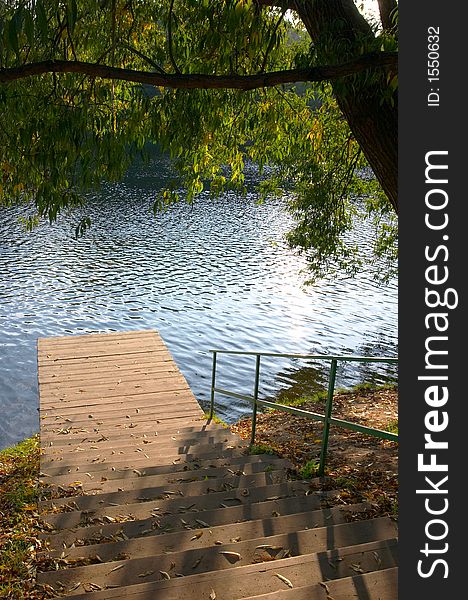 Ladder to lake surrounded with trees with yellow autumn leaves And a willow. Ladder to lake surrounded with trees with yellow autumn leaves And a willow